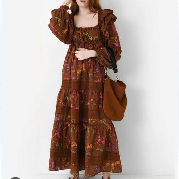 FARM RIO Dotted Horses Elegant Brown Ruffled Maxi Dress Size Medium - Picture 1 of 9